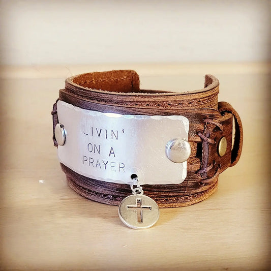 Livin' On A Prayer Hand Stamped Genuine Leather Cuff