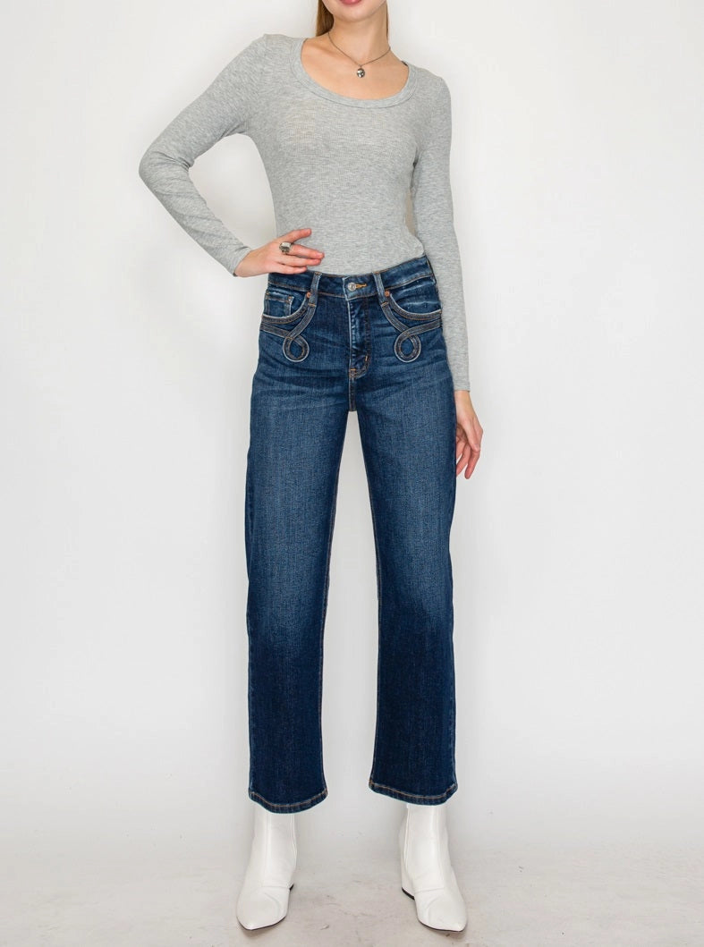 High Rise Straight Western Detail Design Jeans