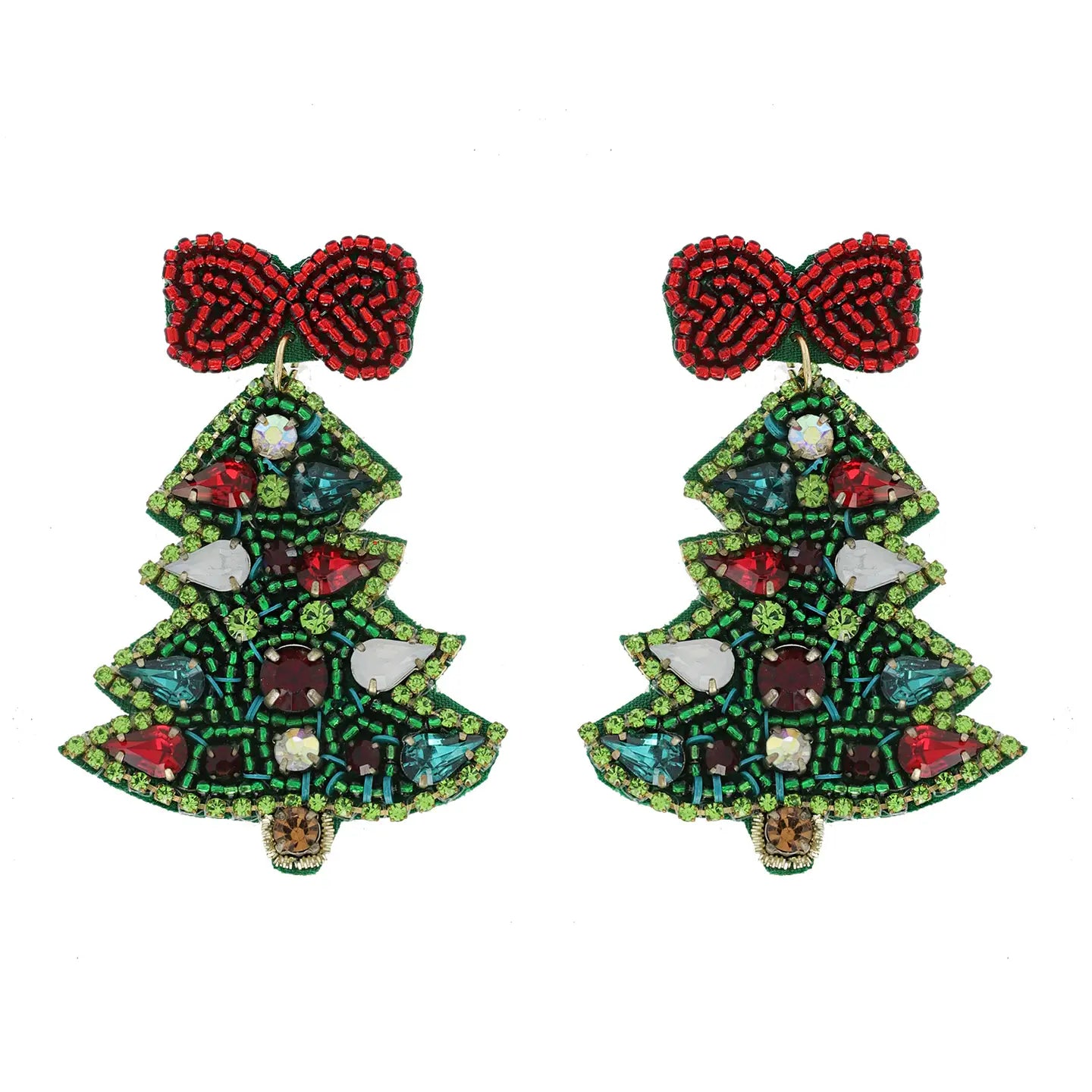 Jeweled Christmas Tree Beaded Embroidery Earrings-Green