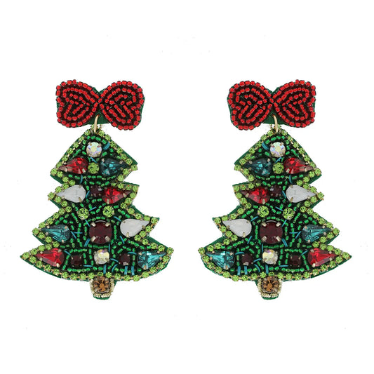 Jeweled Christmas Tree Beaded Embroidery Earrings-Green