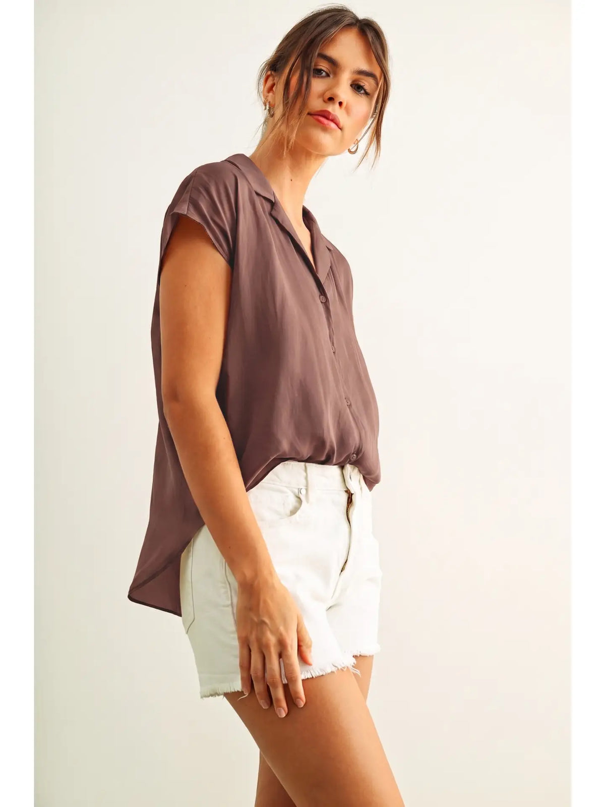 Button Down Cap Sleeve Shirts-Red Bean