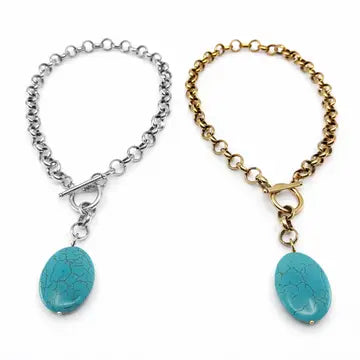 Blue Howlite Chunky Toggle Choker Necklace-Silver
