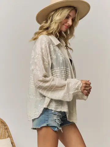 Embroidered Sheer Button-Down Blouse-Beige
