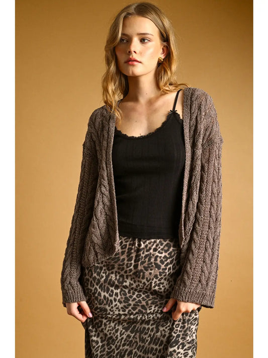Emberlee Light Weight Cable Knitted Cardigan-Brown