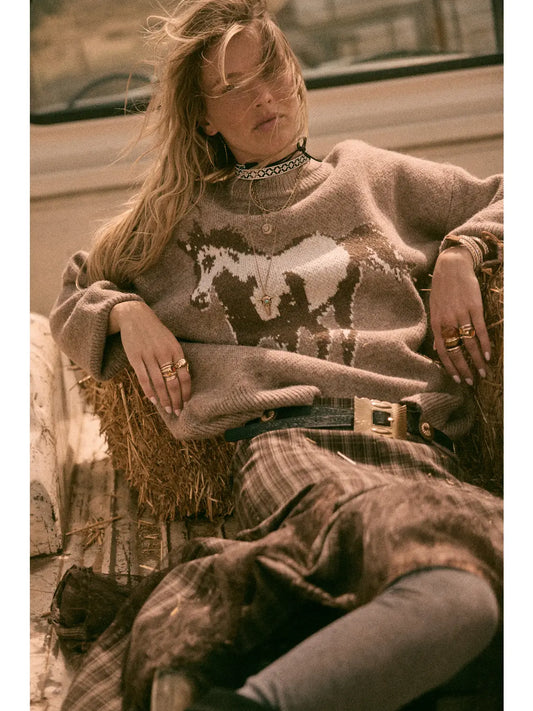 Horse Jacquard-Knit Loose-Fit Drop-Shoulder Sweater
