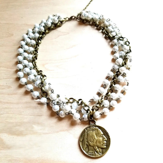 Pearl and Antique Gold Collar-Length Necklace with Indian Coin