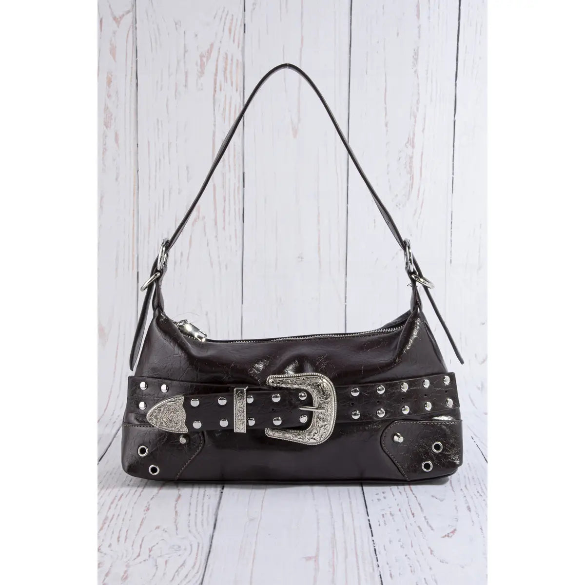 Studded Western Buckle Vegan Leather Shoulder Bag