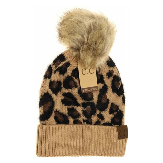 Leopard Pom Beanie-Latte