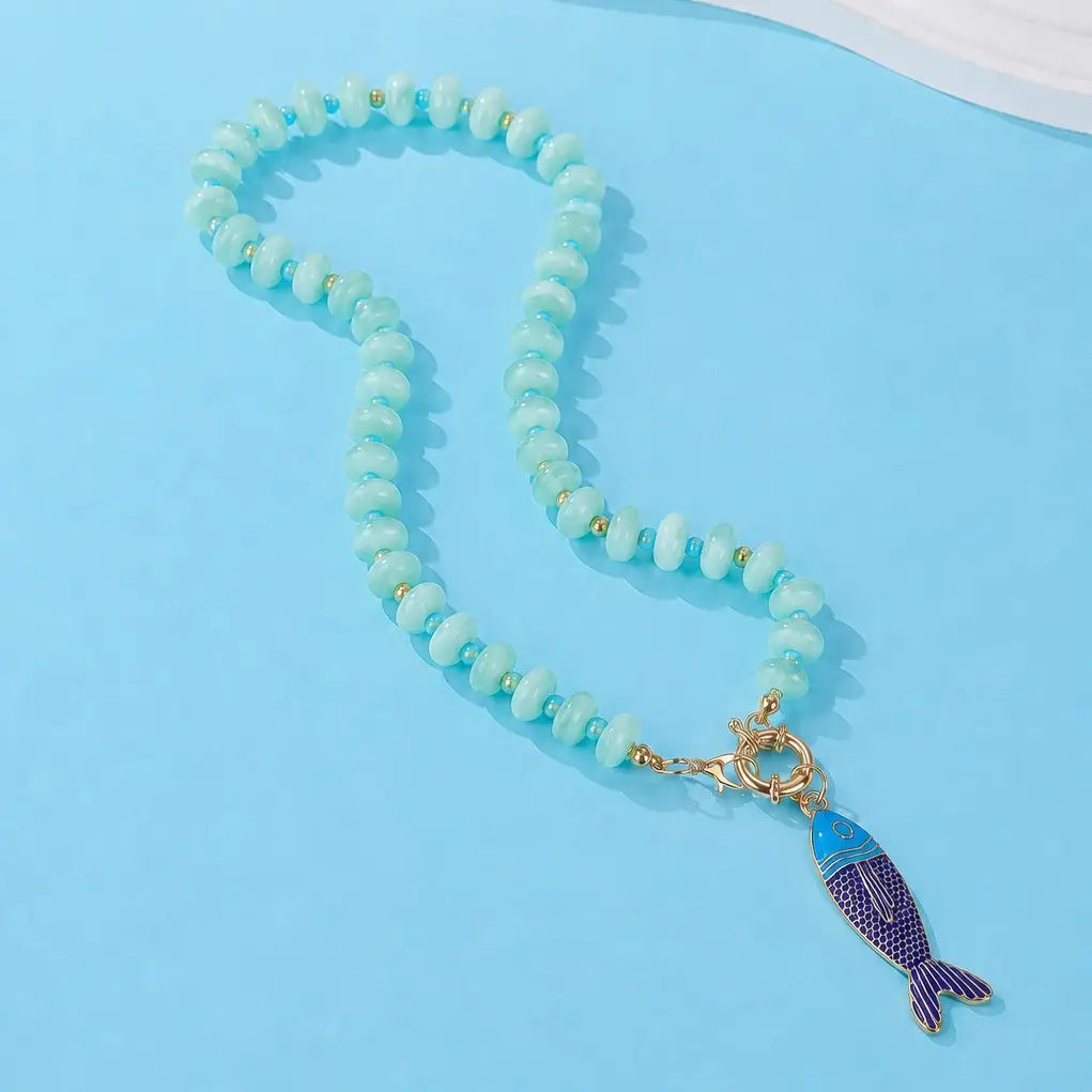 Stainless Steel Tarnish Free Fish Beaded Necklaces-Turquoise