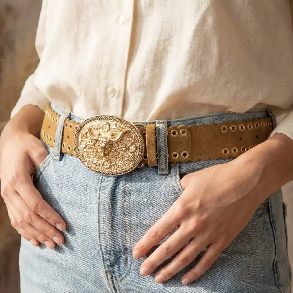 Western Grommet Oval Longhorn Buckle Vegan Leather Belt-Gold/Brown