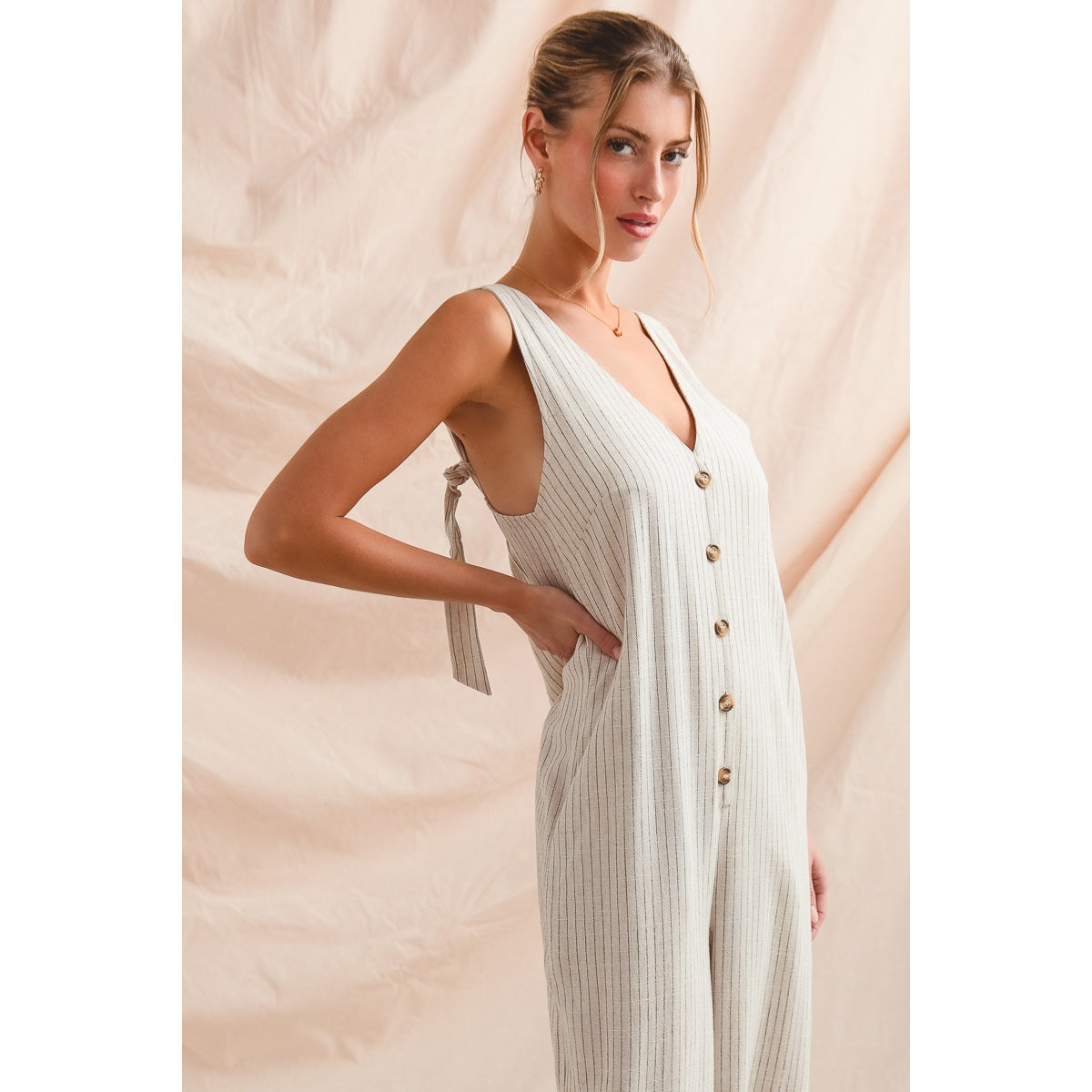 Sutton Button Front Stripe Linen Blend Jumpsuit Overalls-Oatmeal/Black