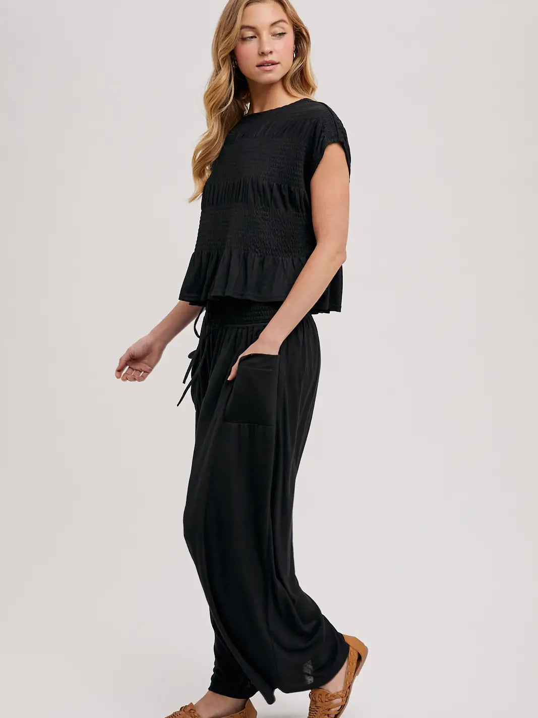 Relaxed Knit Smocked Top and Wide Pants Set-Black
