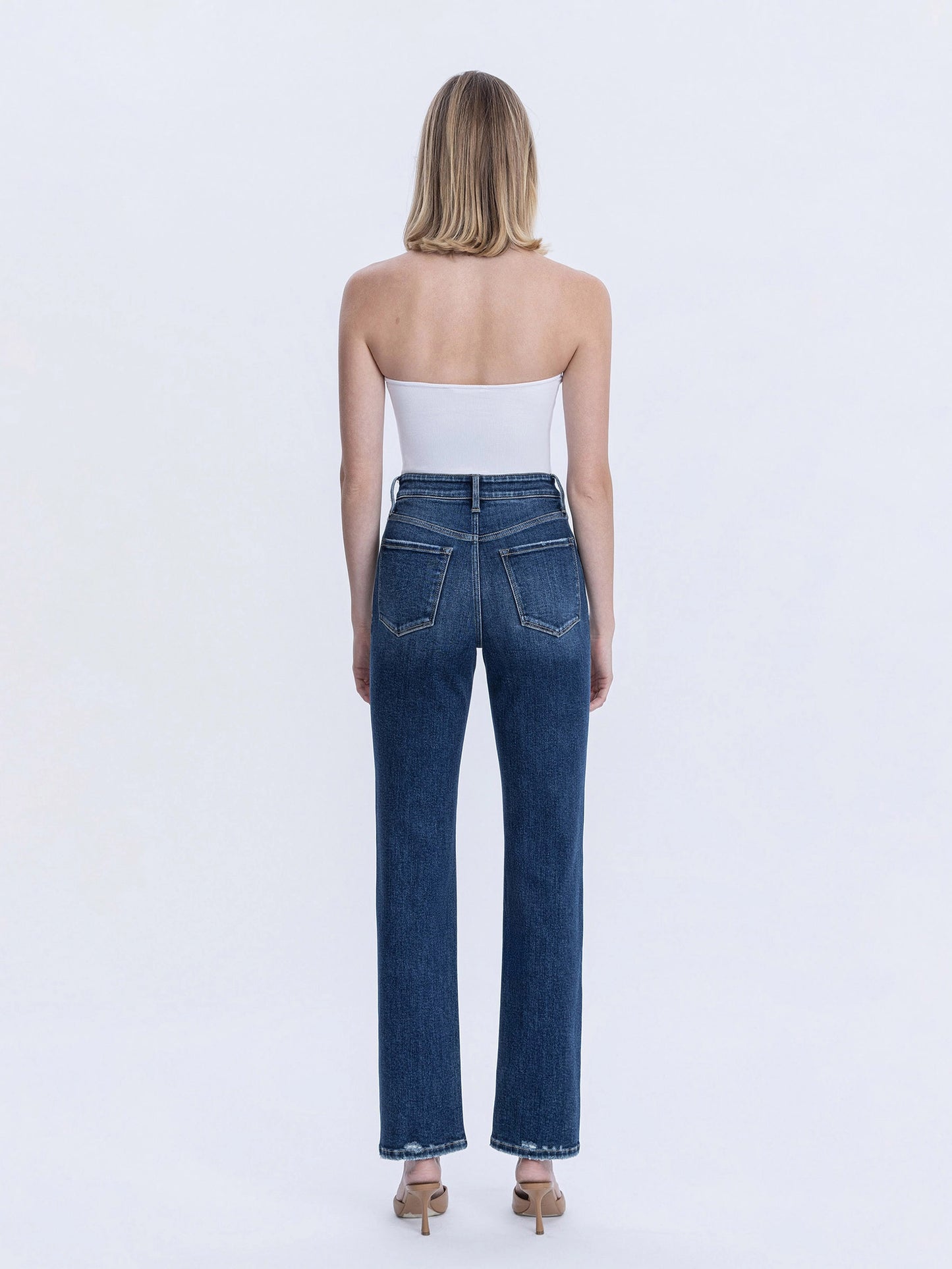 High Rise Full Length Dark Wash Straight Jeans