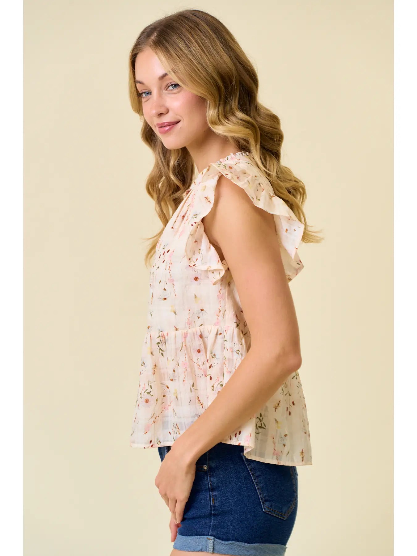 Meena Floral Printed Ruffle Sleeve Top-Cream