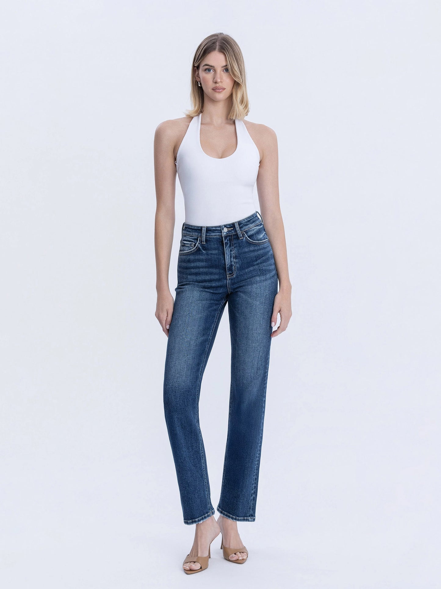 High Rise Full Length Dark Wash Straight Jeans