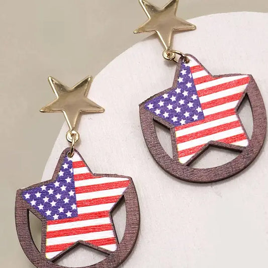 4TH of July USA Flag Star Wood Drop Earrings