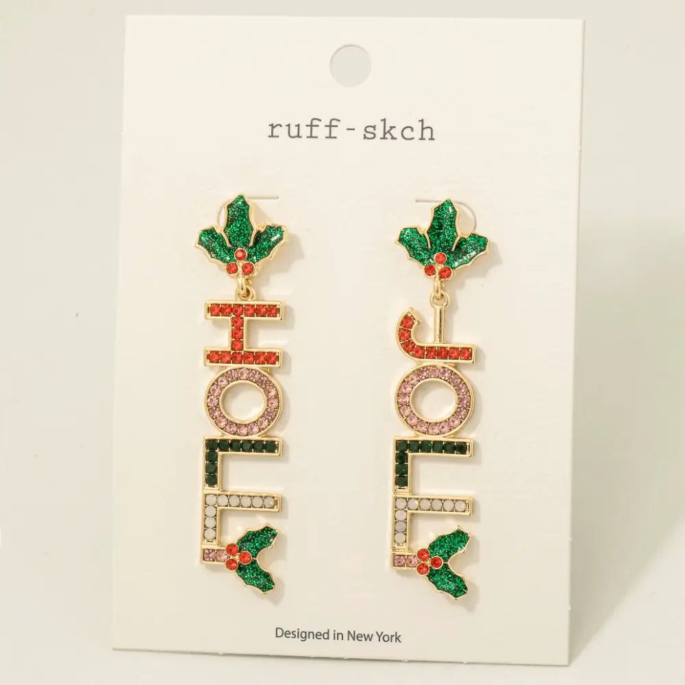 Christmas Jolly Holly Glitter and Studs Dangle Earrings
