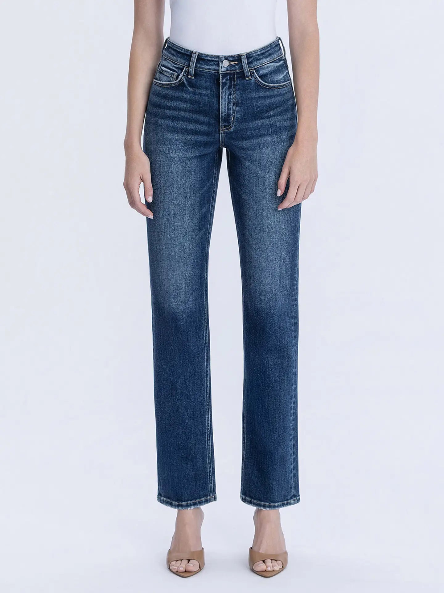 High Rise Full Length Dark Wash Straight Jeans
