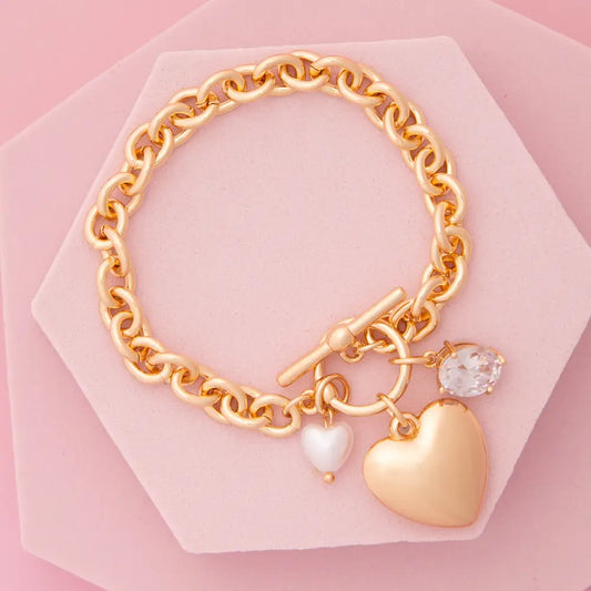Heart Charm Chain Bracelet with Pearl and Crystal Accents
