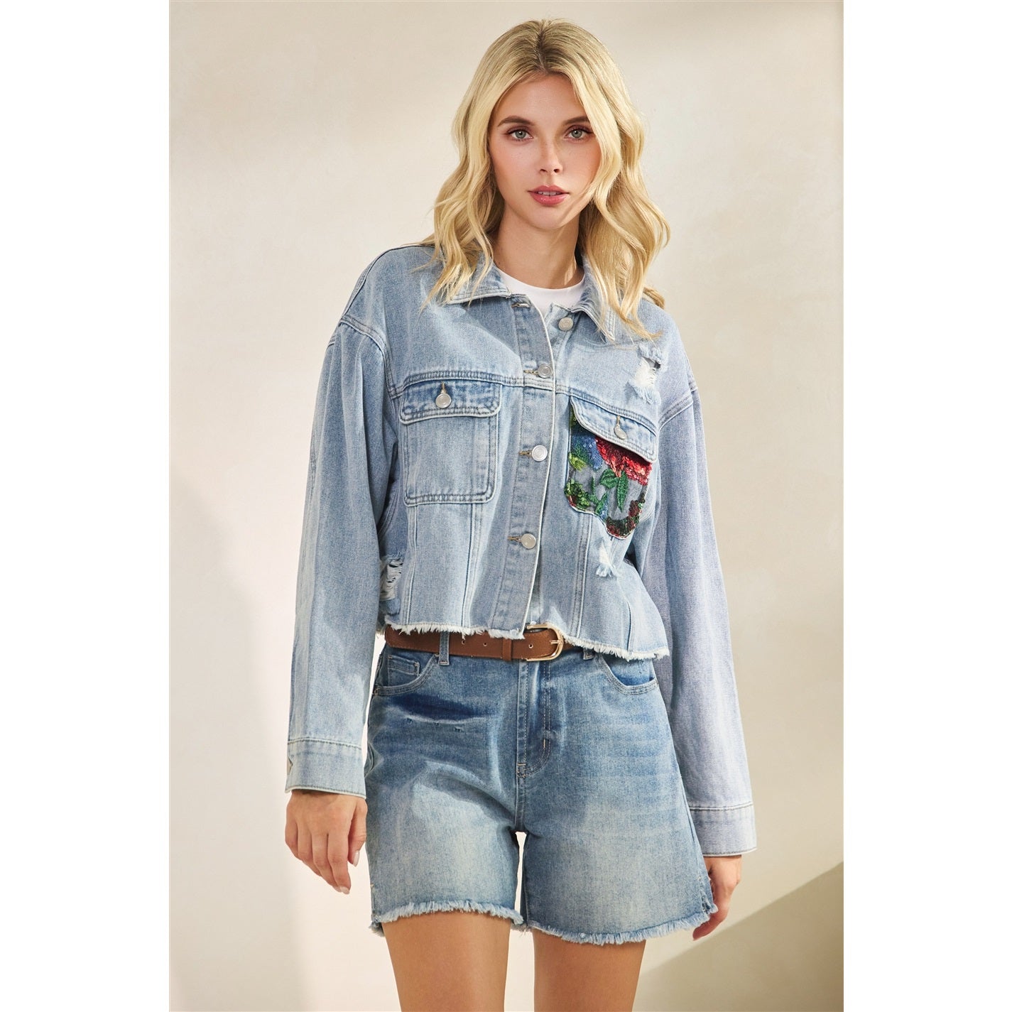 Classic Denim Jacket with Lace Floral Contrast