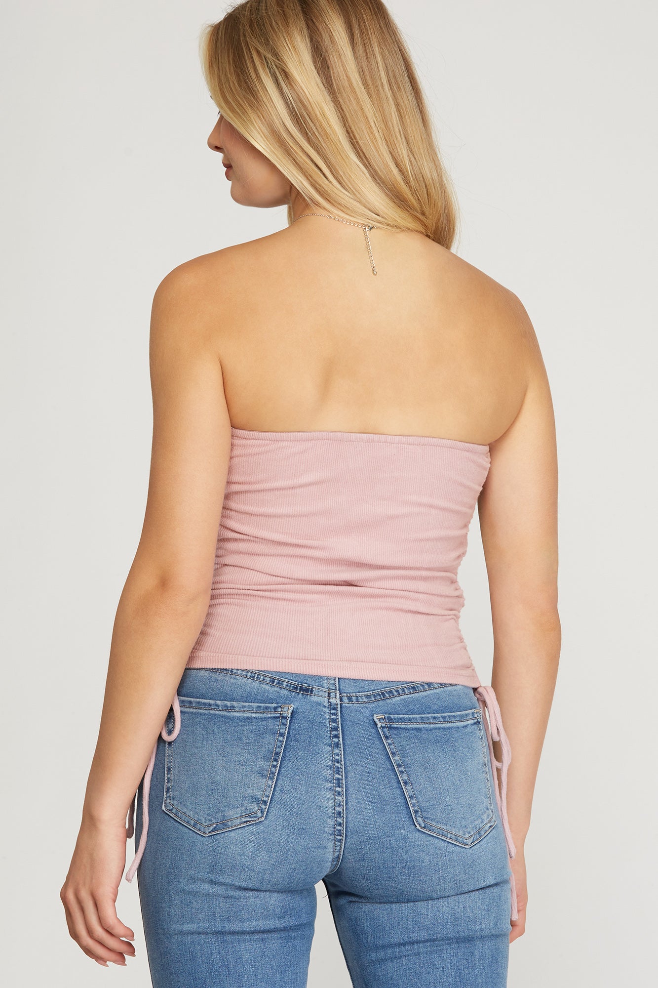SIDE RUCHED RIB KNIT TUBE TOP-Misty Pink