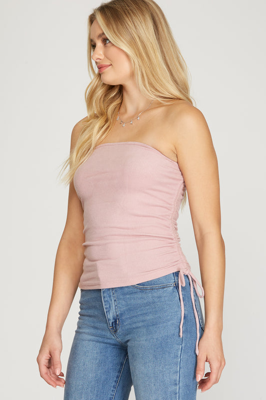SIDE RUCHED RIB KNIT TUBE TOP-Misty Pink