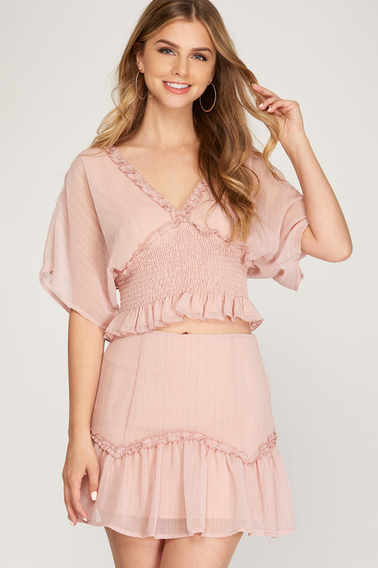 RUFFLED WOVEN FLOUNCE MINI SKIRT-ROSE