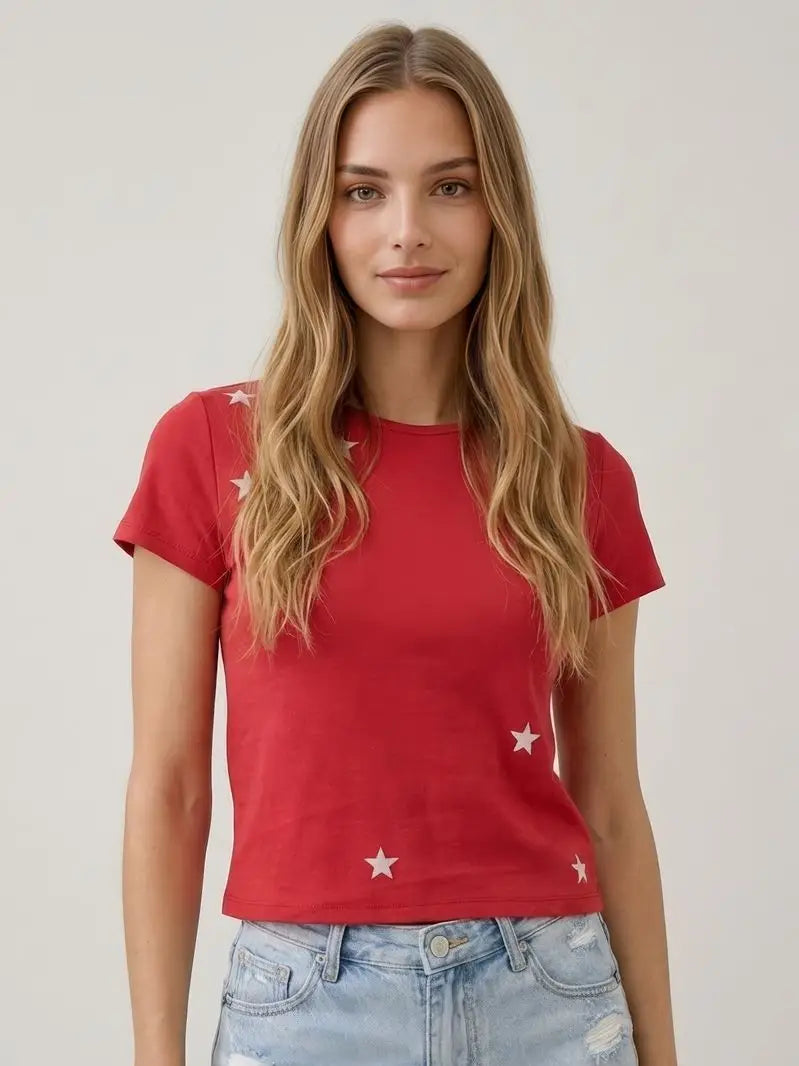 Ribbed T Shirt with Stars  Embroidery-Red