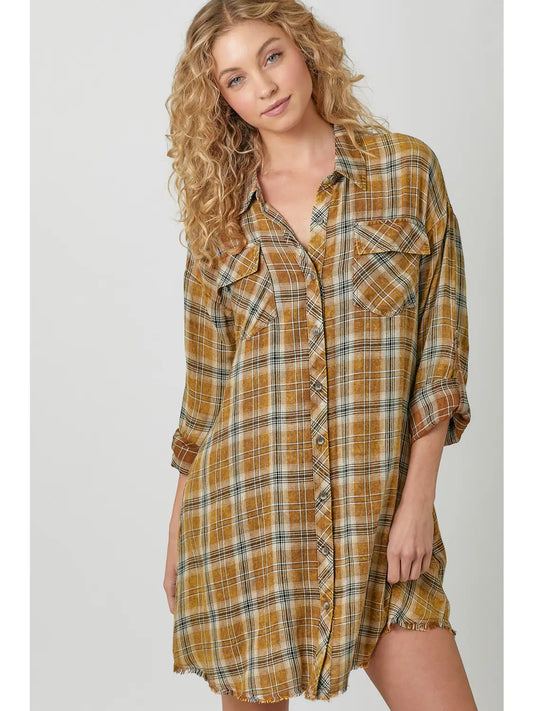 Flannery Washed Plaid Shirt Dress-Toffee