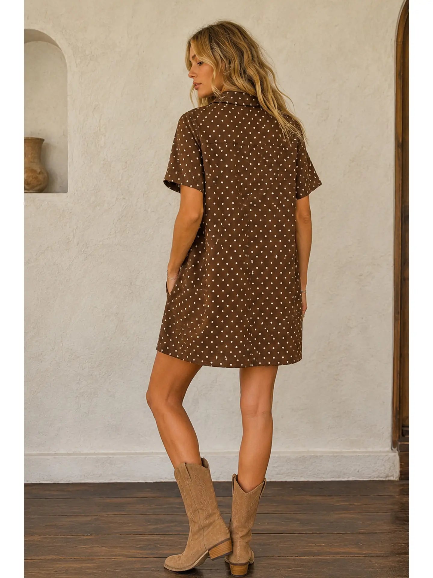 Polka Dot Denim Shirt Dress-Brown