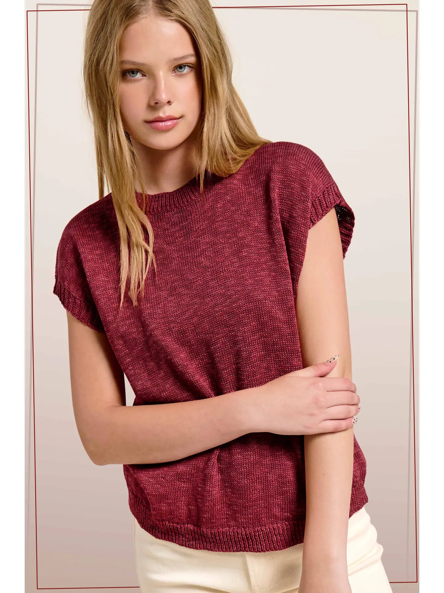 Loose Fit Sleeveless Ribbed Knit Mock Crew Neck Top-Sangria
