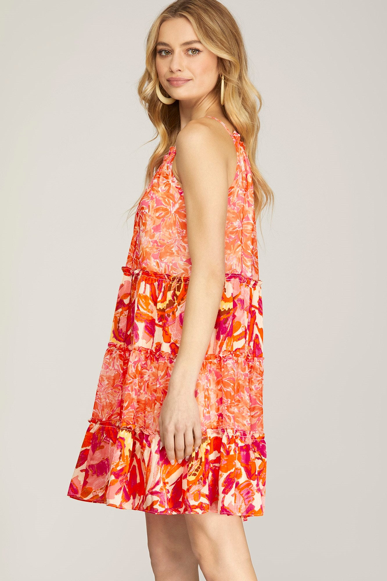 CAMI WOVEN PRINT TIERED DRESS WITH BACK TIE-Coral Pink