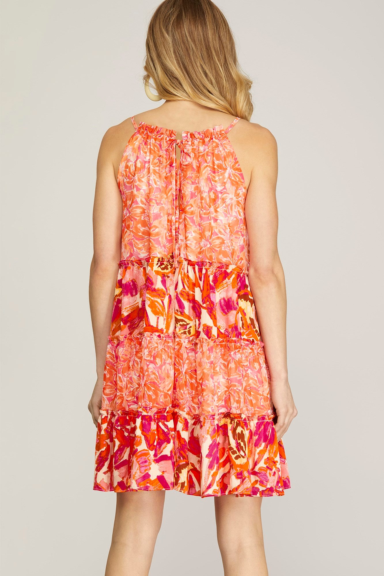 CAMI WOVEN PRINT TIERED DRESS WITH BACK TIE-Coral Pink