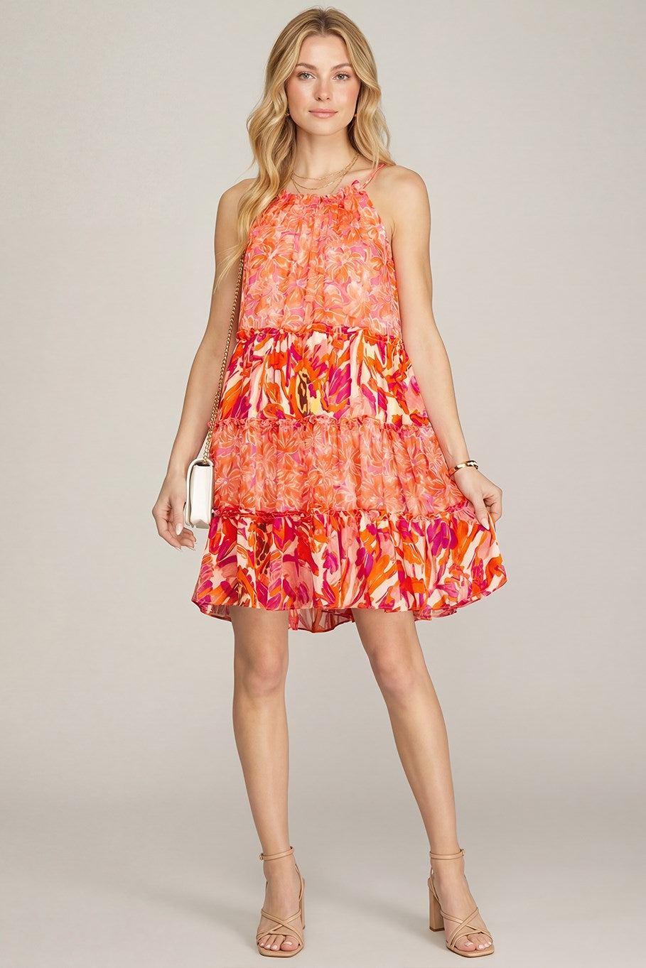 CAMI WOVEN PRINT TIERED DRESS WITH BACK TIE-Coral Pink