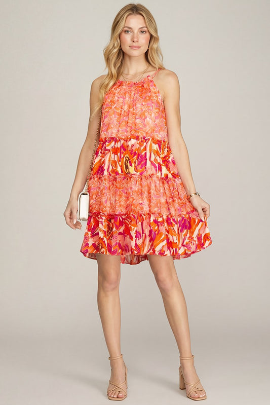 CAMI WOVEN PRINT TIERED DRESS WITH BACK TIE-Coral Pink