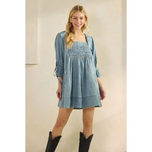 Denim Smocked Babydoll Dress