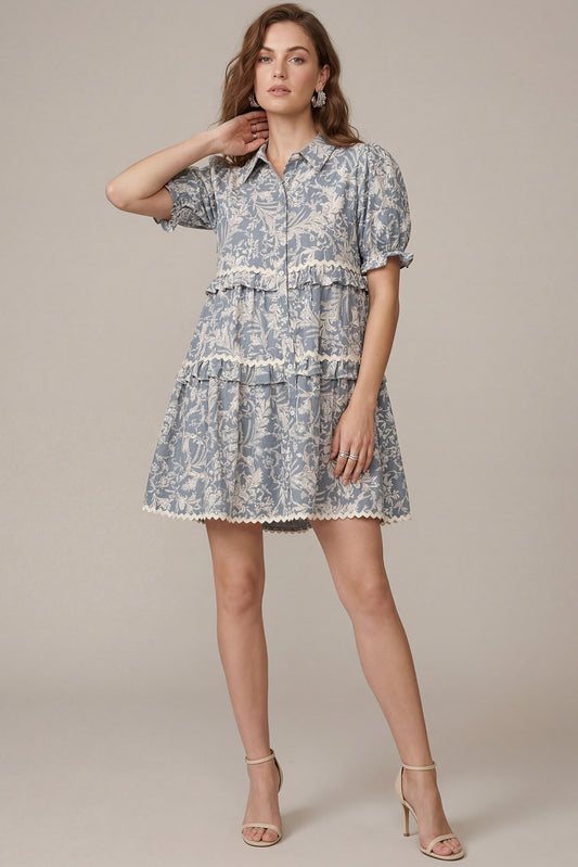 SHORT PUFF SLEEVE PRINTED  TIERED DRESS WITH RIC RAC TRIM-Blue Gray
