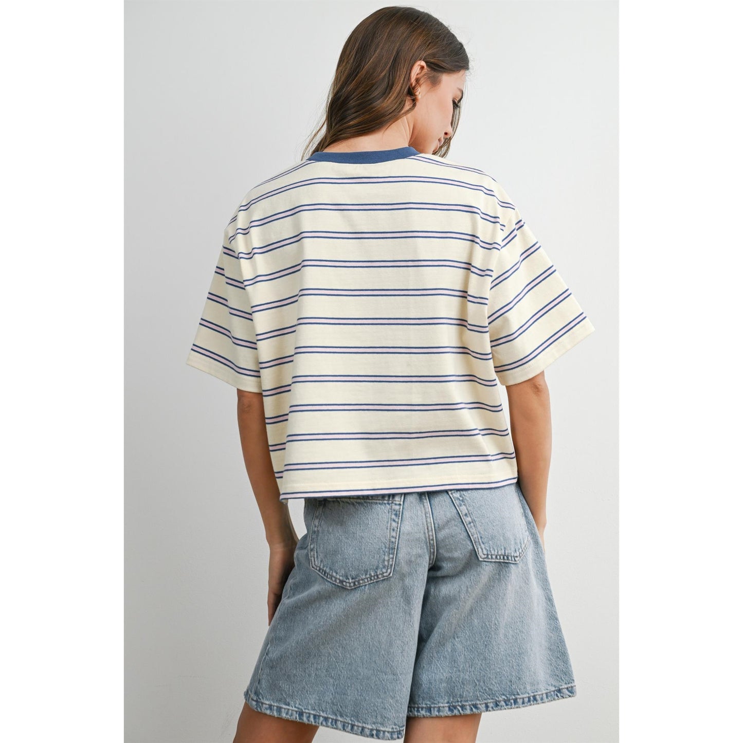Striped Boxy Cropped T-Shirt-Ivory Blue