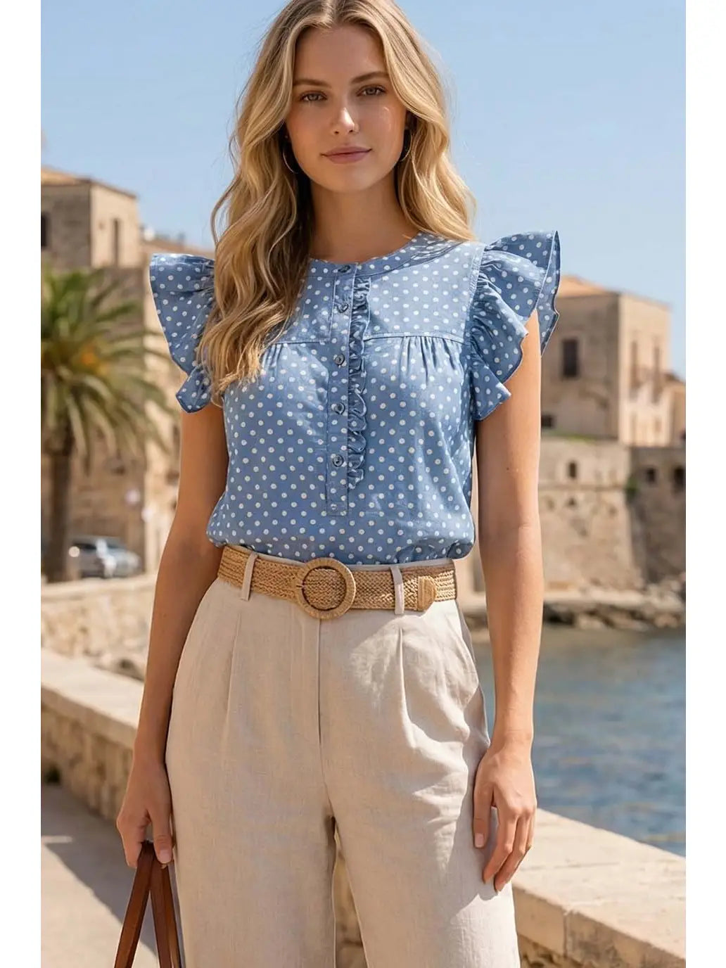 Charming Polka Dot Ruffle Accent Blouse Top-Light Blue