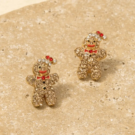 Christmas Gold Pave Gingerbread Man Stud Earrings
