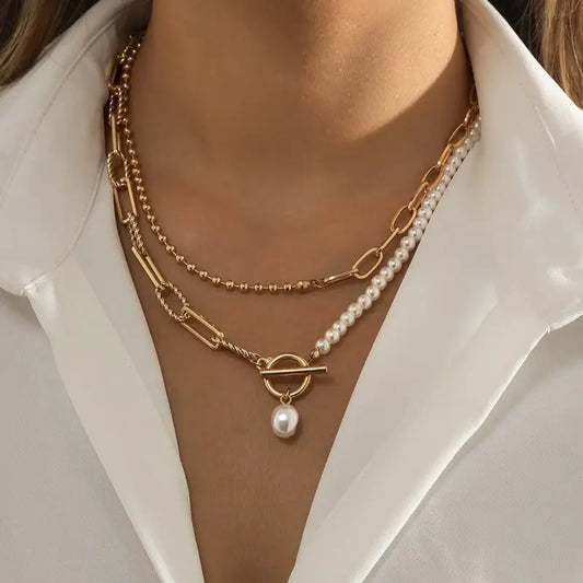 Pearl Mix Double Layer Toggle Necklace-Gold