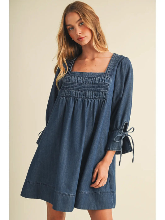 Square-Neck Smocked Denim Trapeze Dress