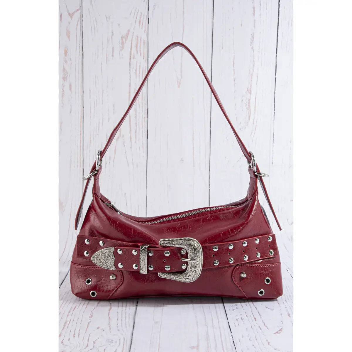 Studded Western Buckle Vegan Leather Shoulder Bag-Red