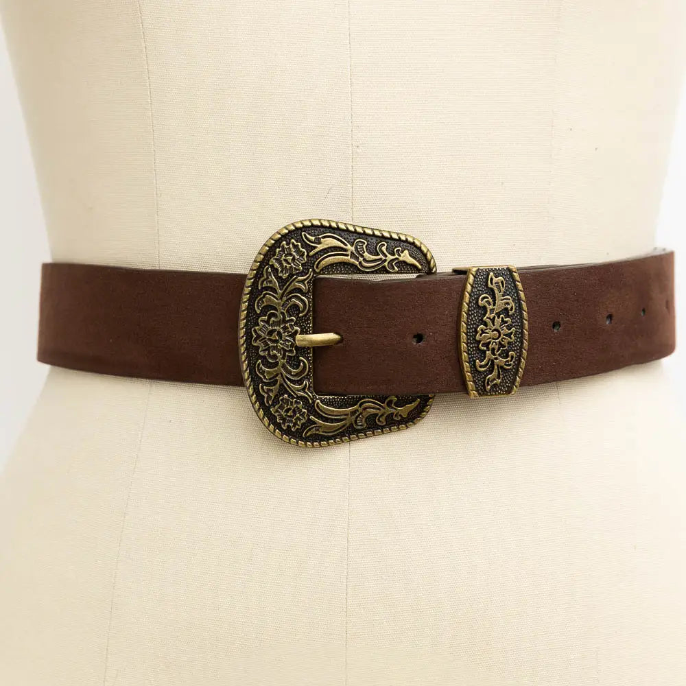 Suede Antique Gold Western Buckle Belt-Brown
