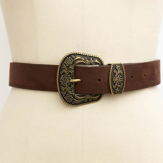 Suede Antique Gold Western Buckle Belt-Brown