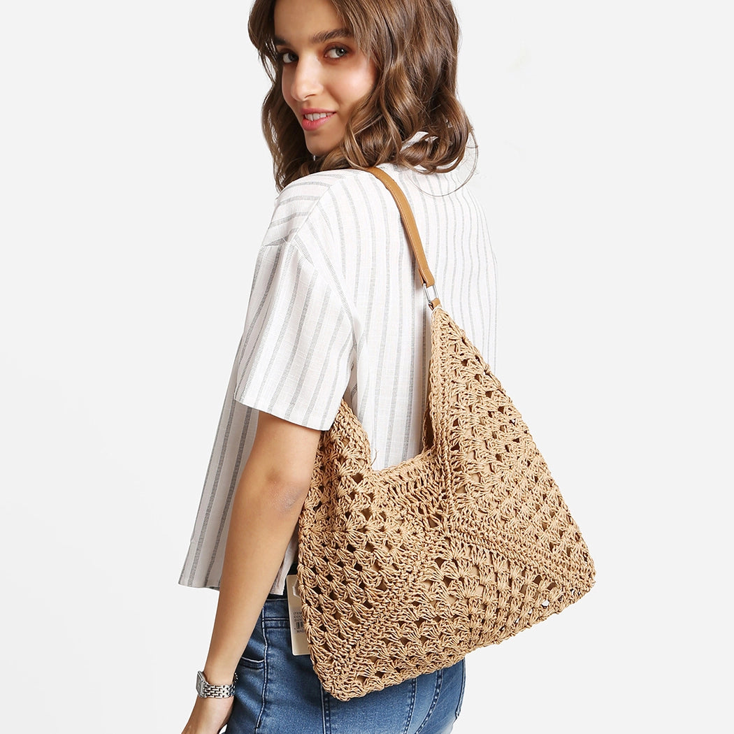 Triangular Pattern Design Straw Shoulder Bag-Khaki