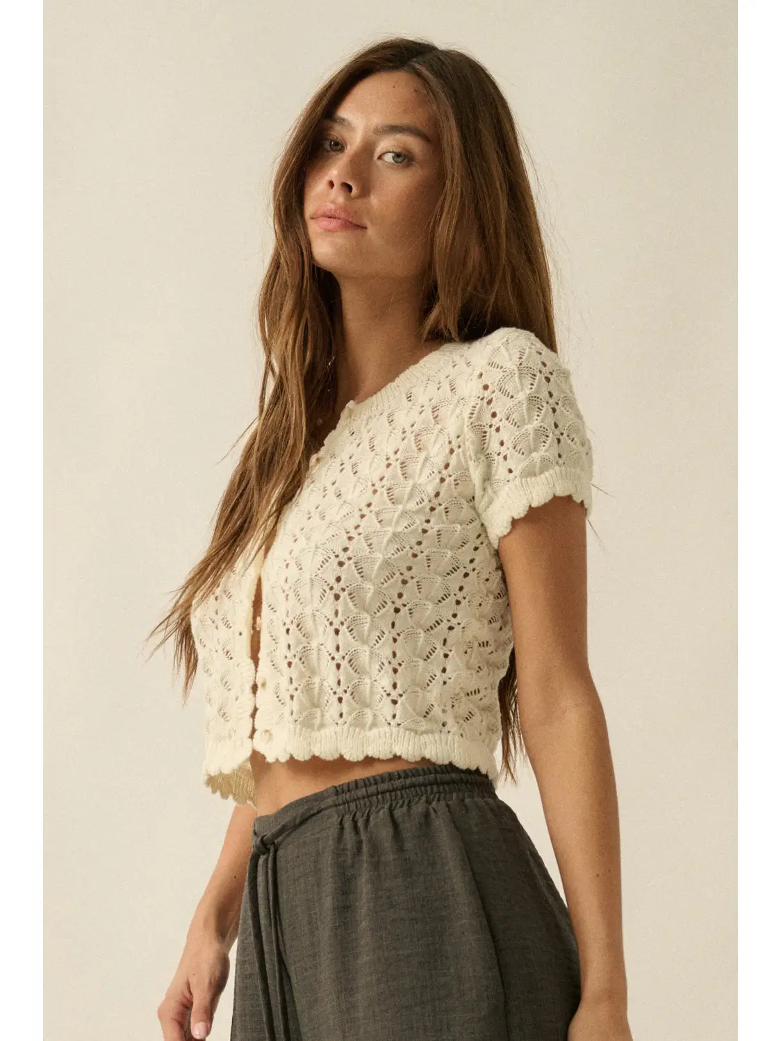 Pointelle Crochet-Knit Buttoned Short Sleeve Cardigan Top-Cream