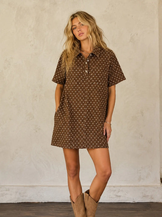 Polka Dot Denim Shirt Dress-Brown