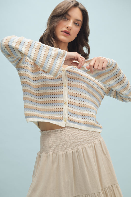 Maris STRIPED CROCHET BUTTON-UP SWEATER TOP-Taupe/Sky