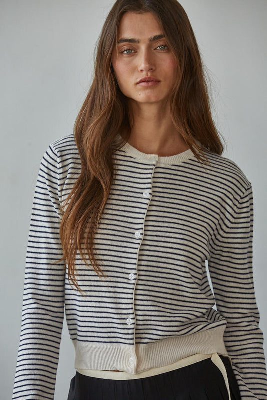 Parisen Striped Cardigan Top-Natural/Black